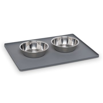 Messy Mutts Silicone Non-Slip Pet Bowl Mat with Raised Edge (16 x 12, Cool Grey)